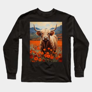 Retro Kitsch Highland Cattle Poppy Flowers Art Painting | Vintage-Inspired Wall Decor Long Sleeve T-Shirt